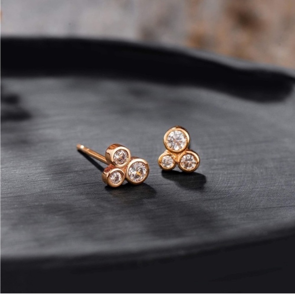 Gold 14k Gold Plated Three Cubic Zirconia Stuff Earrings